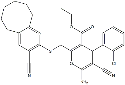ethyl 6-amino-4-(2-chlorophenyl)-5-cyano-2-{[(3-cyano-5,6,7,8,9,10-hexahydrocycloocta[b]pyridin-2-yl)sulfanyl]methyl}-4H-pyran-3-carboxylate Struktur