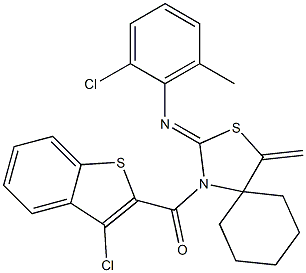 (3-chlorobenzo[b]thiophen-2-yl){2-[(2-chloro-6-methylphenyl)imino]-4-methylidene-3-thia-1-azaspiro[4.5]dec-1-yl}methanone Struktur