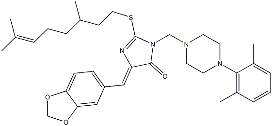 5-(1,3-benzodioxol-5-ylmethylene)-2-[(3,7-dimethyl-6-octenyl)sulfanyl]-3-{[4-(2,6-dimethylphenyl)piperazino]methyl}-3,5-dihydro-4H-imidazol-4-one Struktur