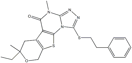 7-ethyl-4,7-dimethyl-1-[(2-phenylethyl)sulfanyl]-6,9-dihydro-7H-pyrano[4',3':4,5]thieno[3,2-e][1,2,4]triazolo[4,3-a]pyrimidin-5(4H)-one Struktur
