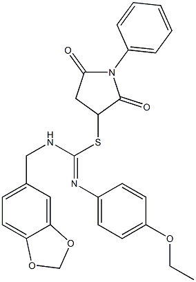 2,5-dioxo-1-phenyl-3-pyrrolidinyl N-(1,3-benzodioxol-5-ylmethyl)-N'-(4-ethoxyphenyl)imidothiocarbamate Struktur