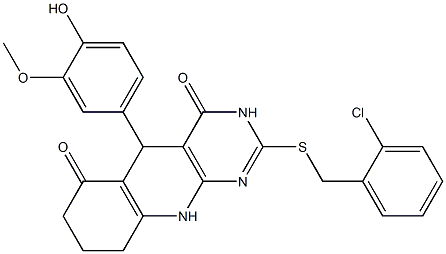2-[(2-chlorobenzyl)sulfanyl]-5-(4-hydroxy-3-methoxyphenyl)-5,8,9,10-tetrahydropyrimido[4,5-b]quinoline-4,6(3H,7H)-dione Struktur