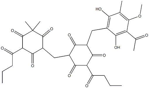 2-(2,6-Dihydroxy-3-acetyl-4-methoxy-5-methylphenylmethyl)-4-(1-oxobutyl)-6-[2,4,6-trioxo-3,3-dimethyl-5-(1-oxobutyl)cyclohexylmethyl]cyclohexane-1,3,5-trione Struktur