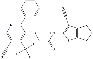 N-(3-cyano-5,6-dihydro-4H-cyclopenta[b]thiophen-2-yl)-2-{[5-cyano-4-(trifluoromethyl)-2,3'-bipyridin-6-yl]thio}acetamide Struktur