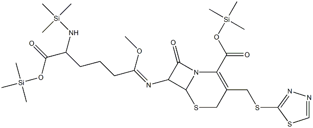7-[1-Methoxy-5-trimethylsilylamino-5-(trimethylsilyloxycarbonyl)pentylideneamino]-8-oxo-3-(1,3,4-thiadiazol-2-ylthiomethyl)-5-thia-1-azabicyclo[4.2.0]oct-2-ene-2-carboxylic acid trimethylsilyl ester Struktur