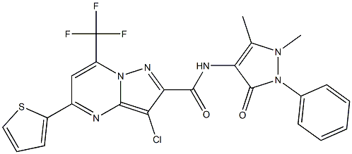 3-chloro-N-(1,5-dimethyl-3-oxo-2-phenyl-2,3-dihydro-1H-pyrazol-4-yl)-5-thien-2-yl-7-(trifluoromethyl)pyrazolo[1,5-a]pyrimidine-2-carboxamide Struktur