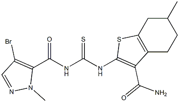 2-[({[(4-bromo-1-methyl-1H-pyrazol-5-yl)carbonyl]amino}carbothioyl)amino]-6-methyl-4,5,6,7-tetrahydro-1-benzothiophene-3-carboxamide Struktur