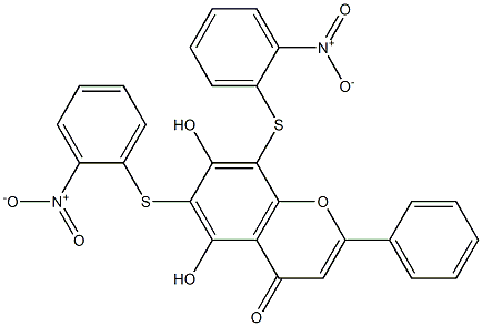 5,7-dihydroxy-6,8-bis({2-nitrophenyl}sulfanyl)-2-phenyl-4H-chromen-4-one Struktur