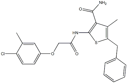 5-benzyl-2-{[2-(4-chloro-3-methylphenoxy)acetyl]amino}-4-methyl-3-thiophenecarboxamide Struktur