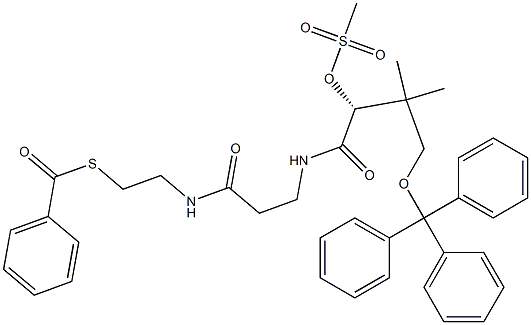 [R,(+)]-2-(Methylsulfonyloxy)-N-[2-[(2-benzoylthioethyl)carbamoyl]ethyl]-3,3-dimethyl-4-(triphenylmethoxy)butyramide Struktur