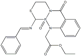 [9-(Ethoxycarbonylmethyl)-1-(benzylideneamino)-1,2,3,4,4a,9a-hexahydro-2-thia-4a,9-diaza-9a-phosphaanthracen-10(9H)-one]9a-oxide Struktur