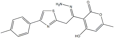4-hydroxy-6-methyl-3-{2-[4-(4-methylphenyl)-1,3-thiazol-2-yl]ethanehydrazonoyl}-2H-pyran-2-one Struktur