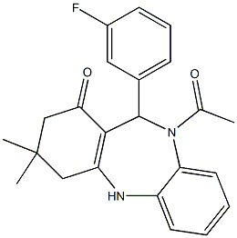 10-acetyl-11-(3-fluorophenyl)-3,3-dimethyl-2,3,4,5,10,11-hexahydro-1H-dibenzo[b,e][1,4]diazepin-1-one Struktur