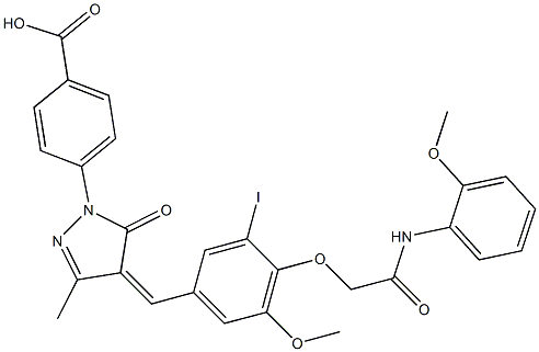 4-(4-{3-iodo-5-methoxy-4-[2-(2-methoxyanilino)-2-oxoethoxy]benzylidene}-3-methyl-5-oxo-4,5-dihydro-1H-pyrazol-1-yl)benzoic acid Struktur