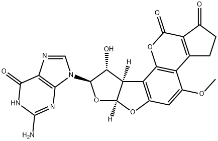 Cyclopenta[c]furo[3',2':4,5]furo[2,3-h][1]benzopyran-1,11-dione, 8-(2-amino-1,6-dihydro-6-oxo-9H-purin-9-yl)-2,3,6a,8,9,9a-hexahydro-9-hydroxy-4-methoxy-, (6aS,8R,9R,9aR)- Struktur
