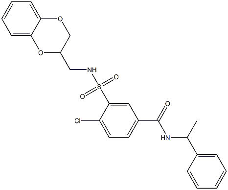 4-chloro-3-{[(2,3-dihydro-1,4-benzodioxin-2-yl)methyl]sulfamoyl}-N-(1-phenylethyl)benzamide Struktur