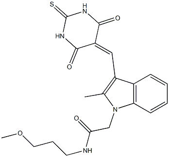 2-{3-[(4,6-dioxo-2-thioxotetrahydro-5(2H)-pyrimidinylidene)methyl]-2-methyl-1H-indol-1-yl}-N-(3-methoxypropyl)acetamide Struktur
