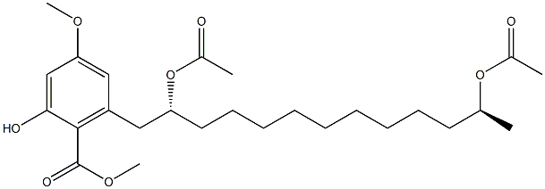 2-Hydroxy-4-methoxy-6-[(2R,12S)-2,12-diacetoxytridecyl]benzoic acid methyl ester Struktur