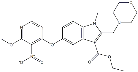 1-Methyl-2-(morpholinomethyl)-5-[5-nitro-6-methoxypyrimidin-4-yloxy]-1H-indole-3-carboxylic acid ethyl ester Struktur