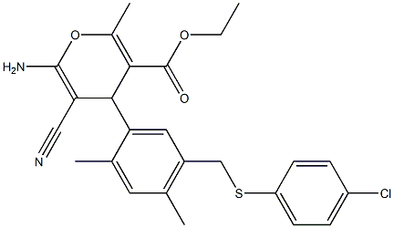 ethyl 6-amino-4-(5-{[(4-chlorophenyl)sulfanyl]methyl}-2,4-dimethylphenyl)-5-cyano-2-methyl-4H-pyran-3-carboxylate Struktur