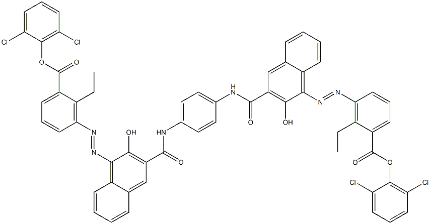1,4-Bis[1-[[6-ethyl-5-(2,6-dichlorophenoxycarbonyl)phenyl]azo]-2-hydroxy-3-naphthoylamino]benzene Struktur