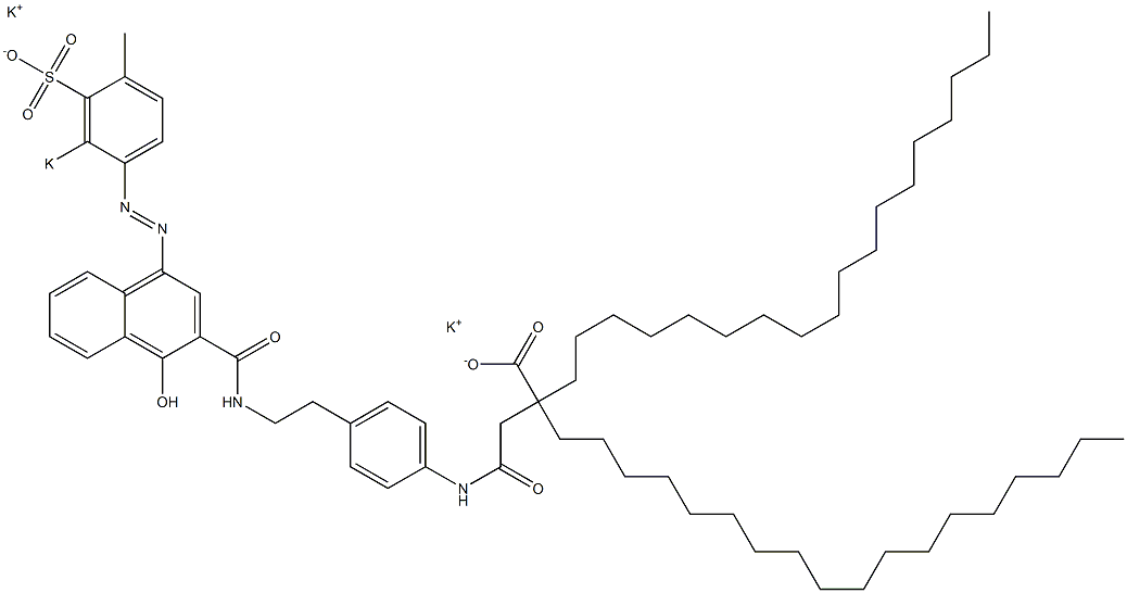 3-[4-[2-[1-Hydroxy-4-(4-methyl-2-potassiosulfophenylazo)-2-naphtylcarbonylamino]ethyl]phenylcarbamoyl]-2,2-dioctadecylpropanoic acid potassium salt Struktur
