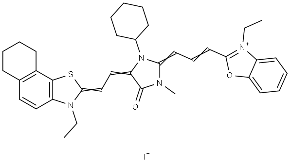 2-[3-(1-CYCLOHEXYL-2,3-DIMETHYL-5-[2-(3-ETHYL-6,7,8,9-TETRAHYDRONAPHTHO[2,1-D]-2-THIAZOLYLIDENE)ETHYLIDENE]-4-OXO-2-IMIDAZOLIDINYLIDENE)-1-PROPENYL]-3-ETHYLBENZOXAZOLIUM IODIDE Struktur