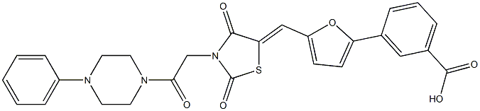 3-[5-({2,4-dioxo-3-[2-oxo-2-(4-phenylpiperazin-1-yl)ethyl]-1,3-thiazolidin-5-ylidene}methyl)-2-furyl]benzoic acid Struktur