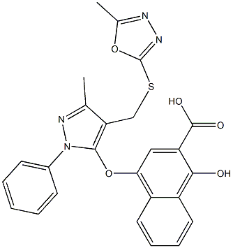 1-Hydroxy-4-[[3-methyl-4-[(5-methyl-1,3,4-oxadiazol-2-yl)thiomethyl]-1-phenyl-1H-pyrazol-5-yl]oxy]-2-naphthalenecarboxylic acid Struktur