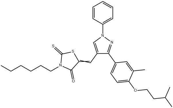 (5Z)-3-hexyl-5-[[3-[3-methyl-4-(3-methylbutoxy)phenyl]-1-phenylpyrazol-4-yl]methylidene]-2-sulfanylidene-1,3-thiazolidin-4-one Struktur