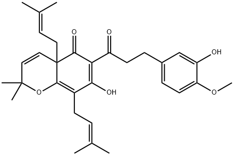 5H-1-Benzopyran-5-one, 2,4a-dihydro-7-hydroxy-6-[3-(3-hydroxy-4-methoxyphenyl)-1-oxopropyl]-2,2-dimethyl-4a,8-bis(3-methyl-2-buten-1-yl)- Struktur