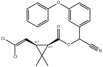Cyclopropanecarboxylic acid, 3-(2,2-dichloroethenyl)-2,2-dimethyl-, cyano(3-phenoxyphenyl)methyl ester, (1R,3R)-rel- Struktur