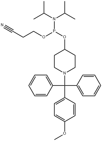 2-cyanoethyl (1-((4-methoxyphenyl)diphenylmethyl)piperidin-4-yl) diisopropylphosphoramidite Struktur