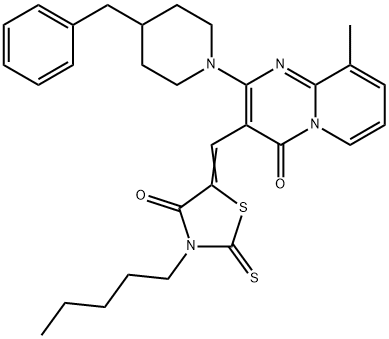 (5Z)-5-[[2-(4-benzylpiperidin-1-yl)-9-methyl-4-oxopyrido[1,2-a]pyrimidin-3-yl]methylidene]-3-pentyl-2-sulfanylidene-1,3-thiazolidin-4-one Struktur