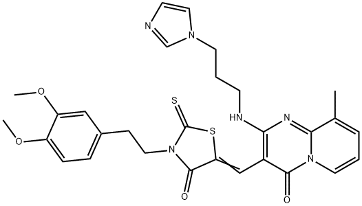 (5Z)-3-[2-(3,4-dimethoxyphenyl)ethyl]-5-[[2-(3-imidazol-1-ylpropylamino)-9-methyl-4-oxopyrido[1,2-a]pyrimidin-3-yl]methylidene]-2-sulfanylidene-1,3-thiazolidin-4-one Struktur