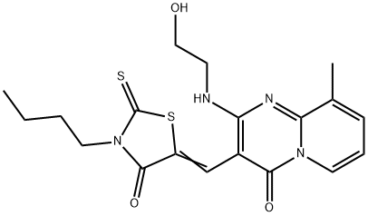 (5Z)-3-butyl-5-[[2-(2-hydroxyethylamino)-9-methyl-4-oxopyrido[1,2-a]pyrimidin-3-yl]methylidene]-2-sulfanylidene-1,3-thiazolidin-4-one Struktur