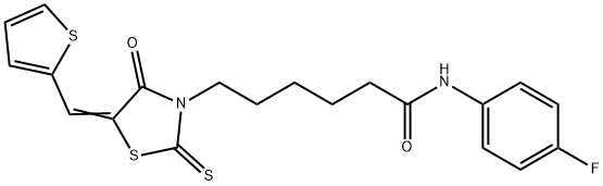 N-(4-fluorophenyl)-6-[(5Z)-4-oxo-2-sulfanylidene-5-(thiophen-2-ylmethylidene)-1,3-thiazolidin-3-yl]hexanamide Struktur