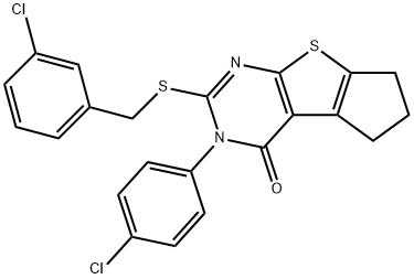 2-(4-chlorophenyl)-3-[(3-chlorophenyl)methylsulfanyl]-7,8-dihydro-6H-cyclopenta[2,3]thieno[2,4-b]pyrimidin-1-one Struktur
