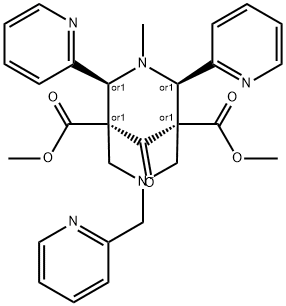 3,7-Diazabicyclo[3.3.1]nonane-1,5-dicarboxylic acid, 3-methyl-9-oxo-2,4-di-2-pyridinyl-7-(2-pyridinylmethyl)-, 1,5-dimethyl ester, (1R,2S,4R,5S)-rel- Struktur