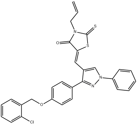 (5Z)-5-[[3-[4-[(2-chlorophenyl)methoxy]phenyl]-1-phenylpyrazol-4-yl]methylidene]-3-prop-2-enyl-2-sulfanylidene-1,3-thiazolidin-4-one Struktur