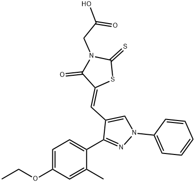 2-[(5Z)-5-[[3-(4-ethoxy-2-methylphenyl)-1-phenylpyrazol-4-yl]methylidene]-4-oxo-2-sulfanylidene-1,3-thiazolidin-3-yl]acetic acid Struktur