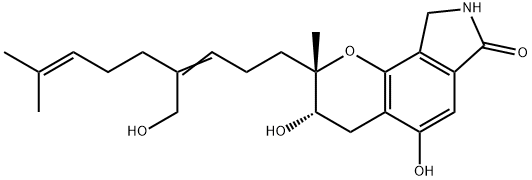 Pyrano[2,3-e]isoindol-7(2H)-one, 3,4,8,9-tetrahydro-3,5-dihydroxy-2-[4-(hydroxymethyl)-8-methyl-3,7-nonadien-1-yl]-2-methyl-, (2S,3S)- Struktur