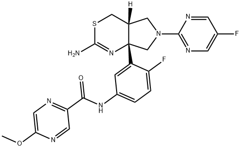 N-(3-((4aR,7aS)-2-amino-6-(5-fluoropyrimidin-2-yl)-4a,5,6,7-tetrahydropyrrolo[3,4-d][1,3]thiazin-7a(4H)-yl)-4-fluorophenyl)-5-methoxypyrazine-2-carboxamide4-methylbenzenesulfonate Struktur
