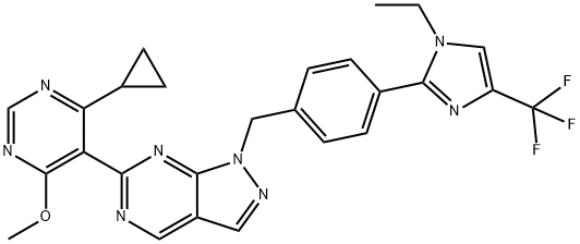 1H-Pyrazolo[3,4-d]pyrimidine, 6-(4-cyclopropyl-6-methoxy-5-pyrimidinyl)-1-[[4-[1-ethyl-4-(trifluoromethyl)-1H-imidazol-2-yl]phenyl]methyl]- Struktur