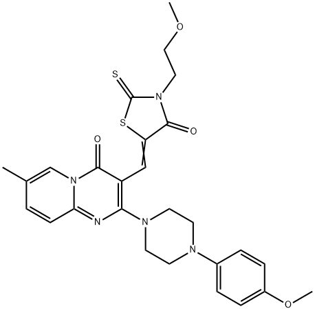 (5Z)-3-(2-methoxyethyl)-5-[[2-[4-(4-methoxyphenyl)piperazin-1-yl]-7-methyl-4-oxopyrido[1,2-a]pyrimidin-3-yl]methylidene]-2-sulfanylidene-1,3-thiazolidin-4-one Struktur