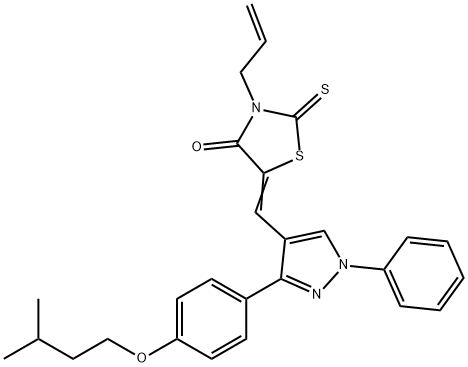 (5Z)-5-[[3-[4-(3-methylbutoxy)phenyl]-1-phenylpyrazol-4-yl]methylidene]-3-prop-2-enyl-2-sulfanylidene-1,3-thiazolidin-4-one Struktur