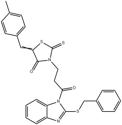 (5Z)-3-[3-(2-benzylsulfanylbenzimidazol-1-yl)-3-oxopropyl]-5-[(4-methylphenyl)methylidene]-2-sulfanylidene-1,3-thiazolidin-4-one Struktur