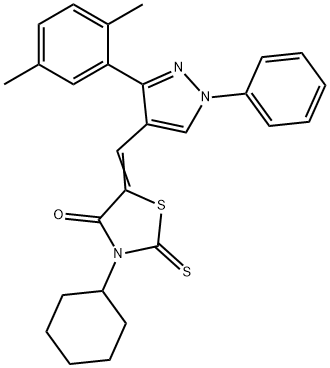 (5Z)-3-cyclohexyl-5-[[3-(2,5-dimethylphenyl)-1-phenylpyrazol-4-yl]methylidene]-2-sulfanylidene-1,3-thiazolidin-4-one Struktur