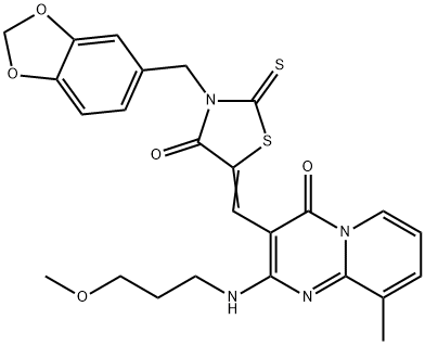 (5Z)-3-(1,3-benzodioxol-5-ylmethyl)-5-[[2-(3-methoxypropylamino)-9-methyl-4-oxopyrido[1,2-a]pyrimidin-3-yl]methylidene]-2-sulfanylidene-1,3-thiazolidin-4-one Struktur