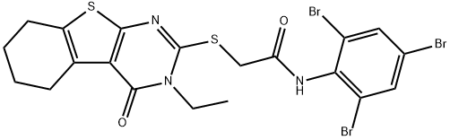 2-[(3-ethyl-4-oxo-5,6,7,8-tetrahydro-[1]benzothiolo[2,3-d]pyrimidin-2-yl)sulfanyl]-N-(2,4,6-tribromophenyl)acetamide Struktur